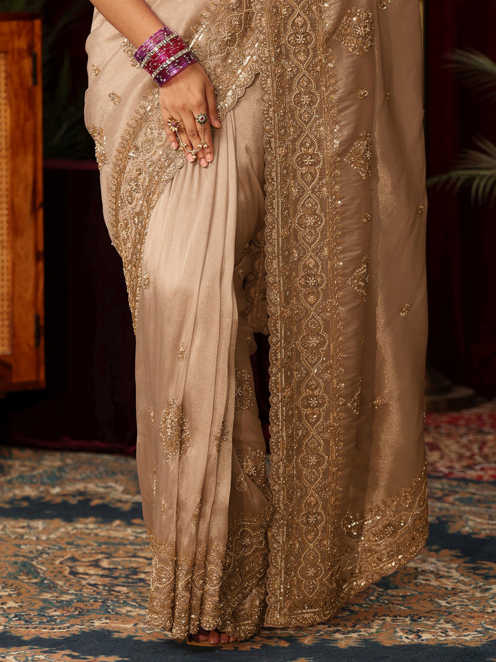 Libas Art Golden Floral Bead and Sequin Embellished Tissue Saree