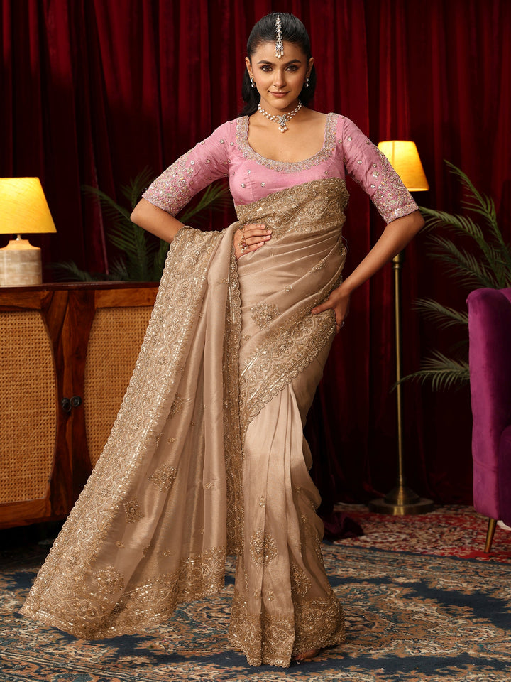 Libas Art Golden Floral Bead and Sequin Embellished Tissue Saree