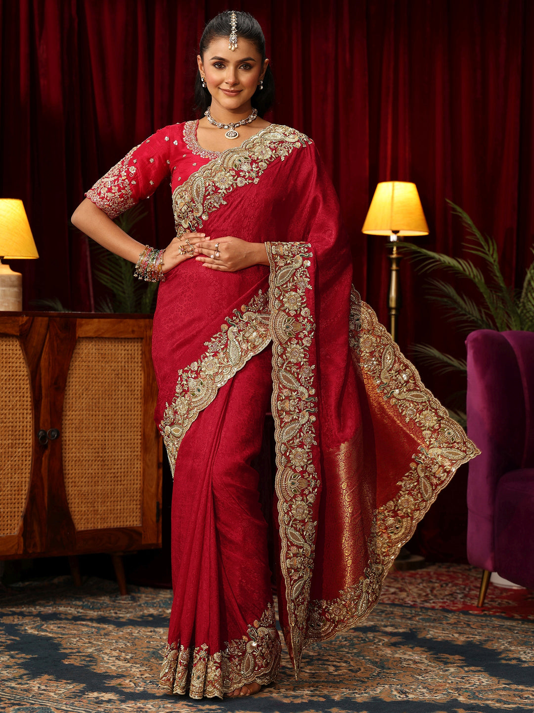 Libas Art Red Silk Blend Saree with Zari and Sequin Embellished Border