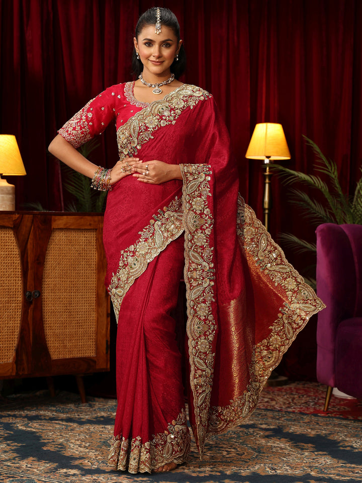 Libas Art Red Silk Blend Saree with Zari and Sequin Embellished Border