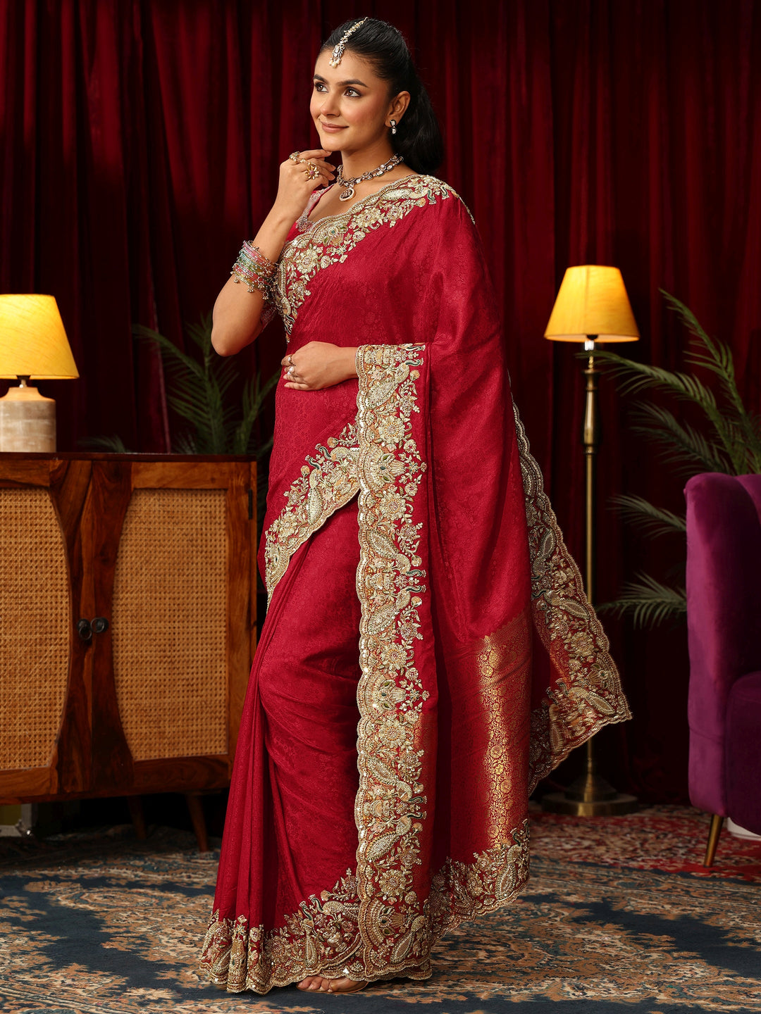 Libas Art Red Silk Blend Saree with Zari and Sequin Embellished Border
