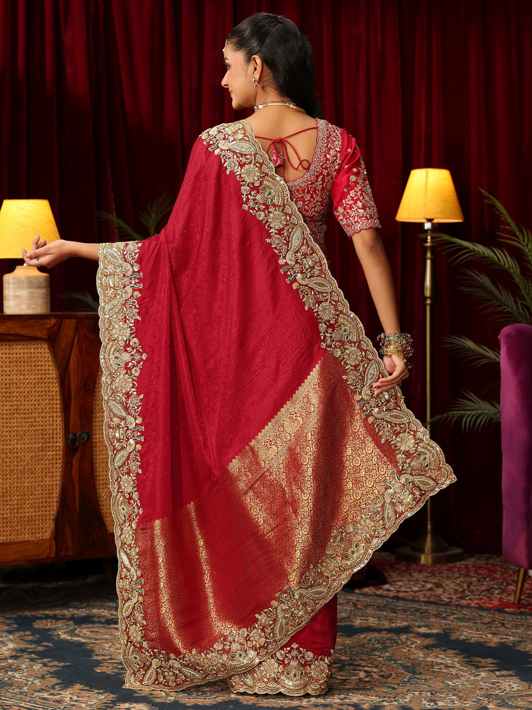 Libas Art Red Silk Blend Saree with Zari and Sequin Embellished Border