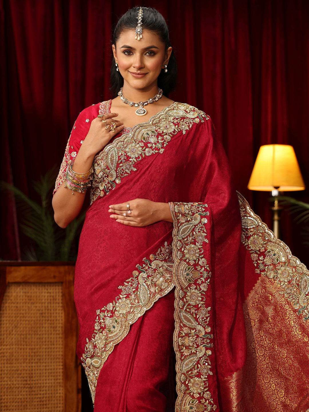 Libas Art Red Silk Blend Saree with Zari and Sequin Embellished Border