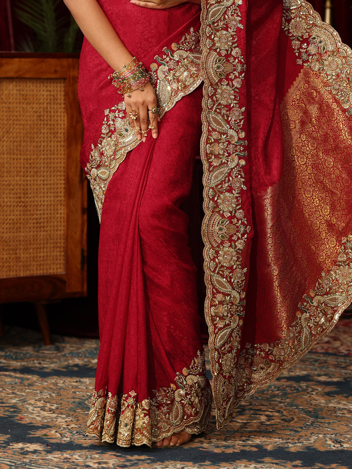Libas Art Red Silk Blend Saree with Zari and Sequin Embellished Border