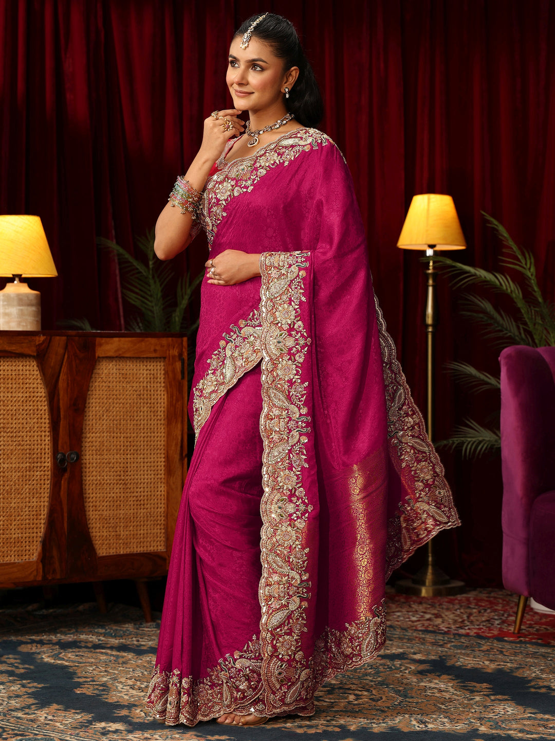 Libas Art Pink Silk Blend Saree with Zari and Sequin Embellished Border