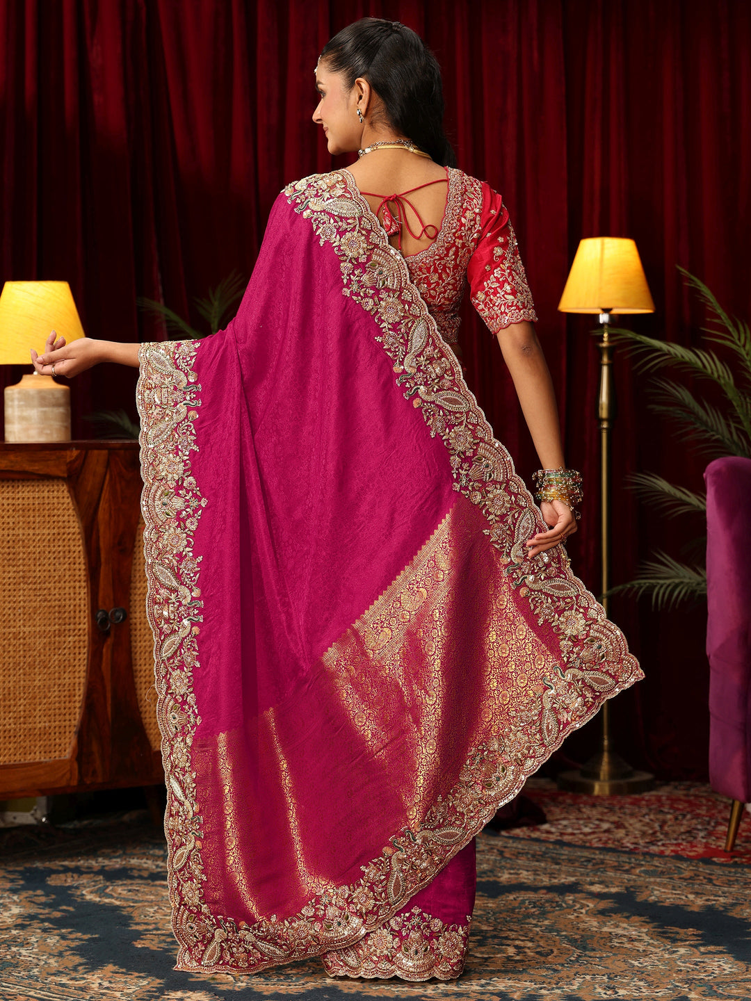 Libas Art Pink Silk Blend Saree with Zari and Sequin Embellished Border