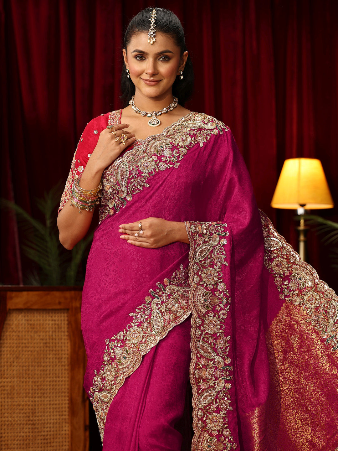 Libas Art Pink Silk Blend Saree with Zari and Sequin Embellished Border