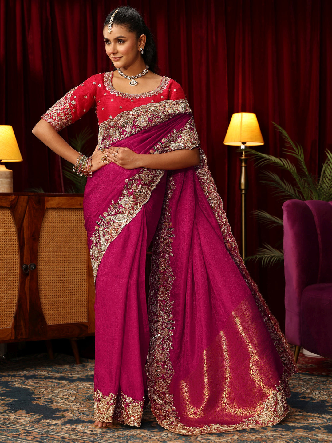 Libas Art Pink Silk Blend Saree with Zari and Sequin Embellished Border