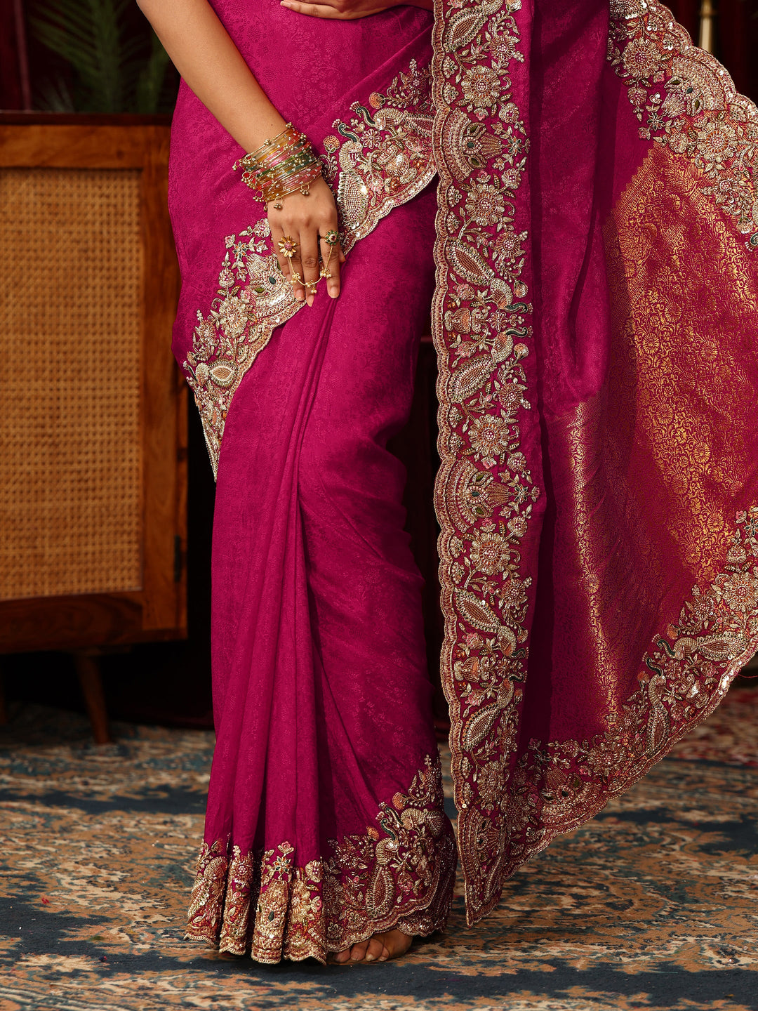 Libas Art Pink Silk Blend Saree with Zari and Sequin Embellished Border