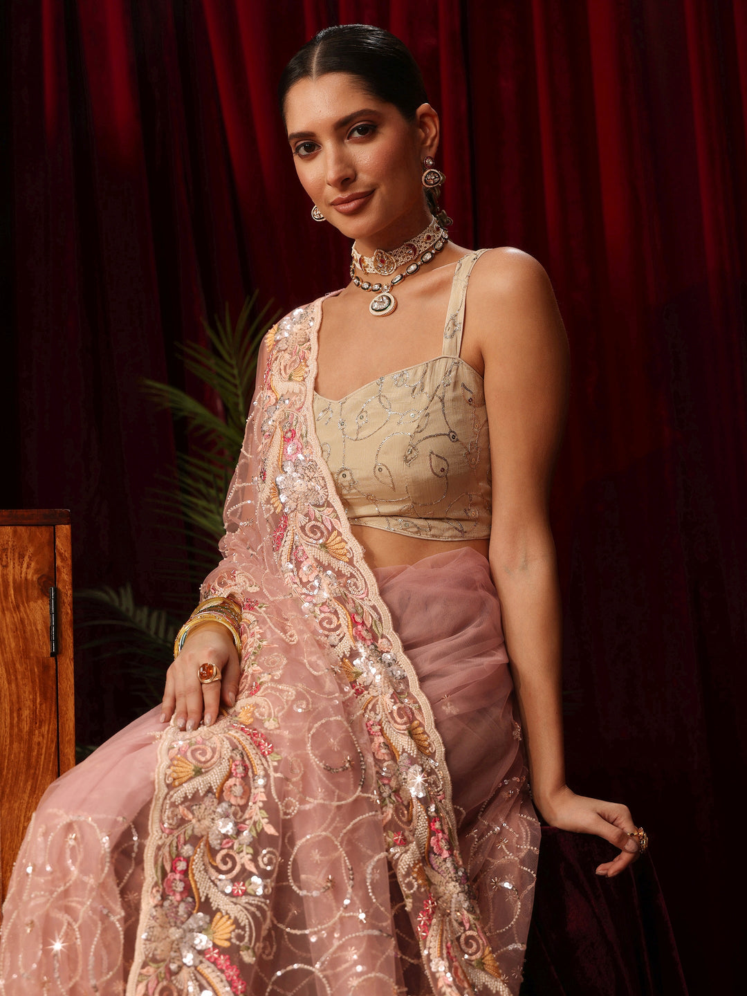 Libas Art Baby Pink Net Saree with Bead and Sequin Embellishment