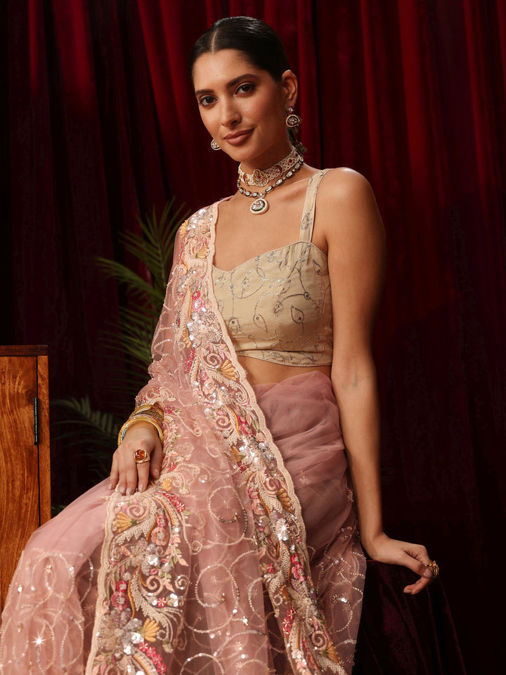 Libas Art Baby Pink Net Saree with Bead and Sequin Embellishment