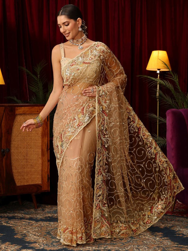 Libas Art Beige Net Saree with Bead and Sequin Embellishment
