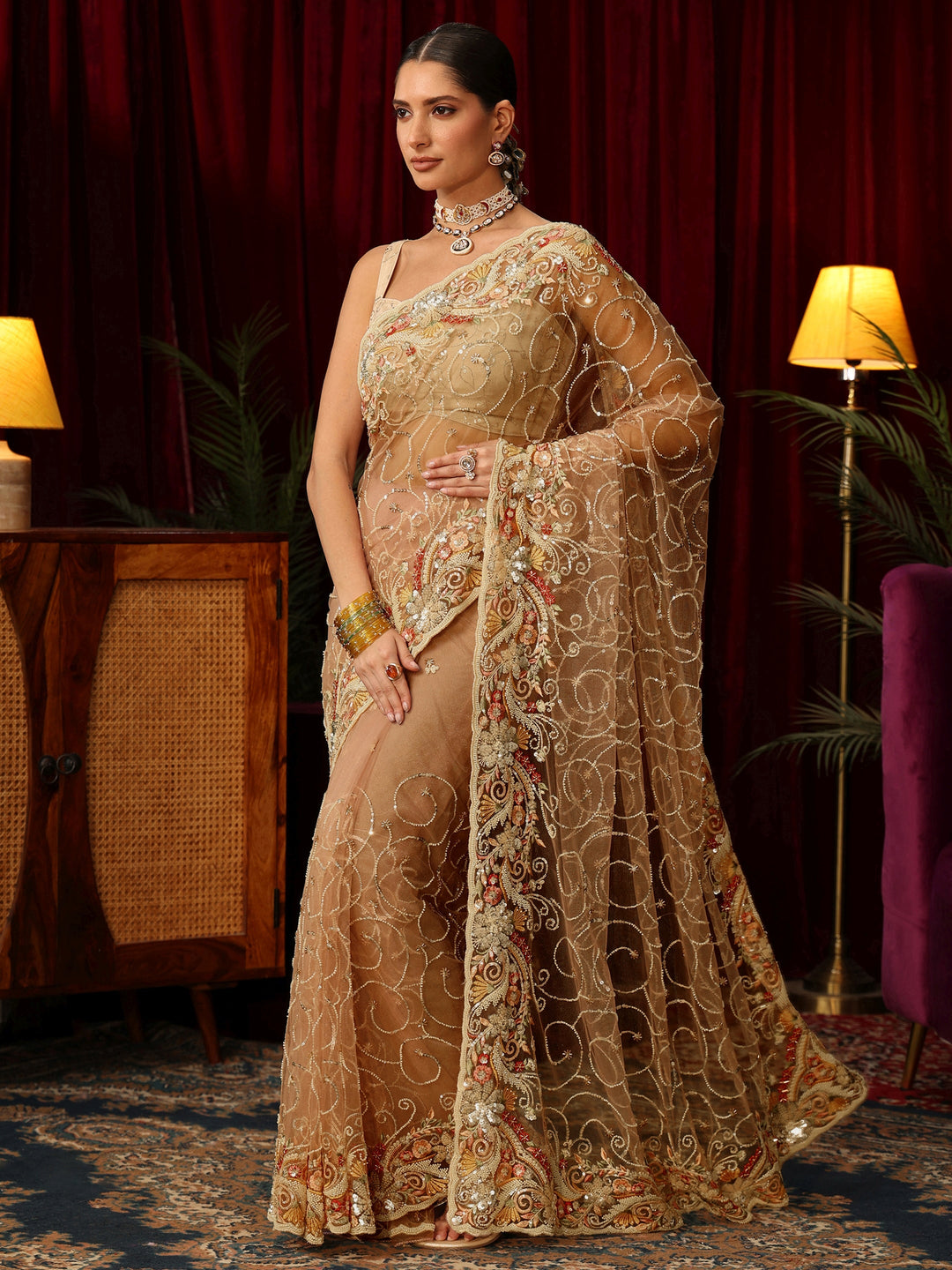 Libas Art Beige Net Saree with Bead and Sequin Embellishment