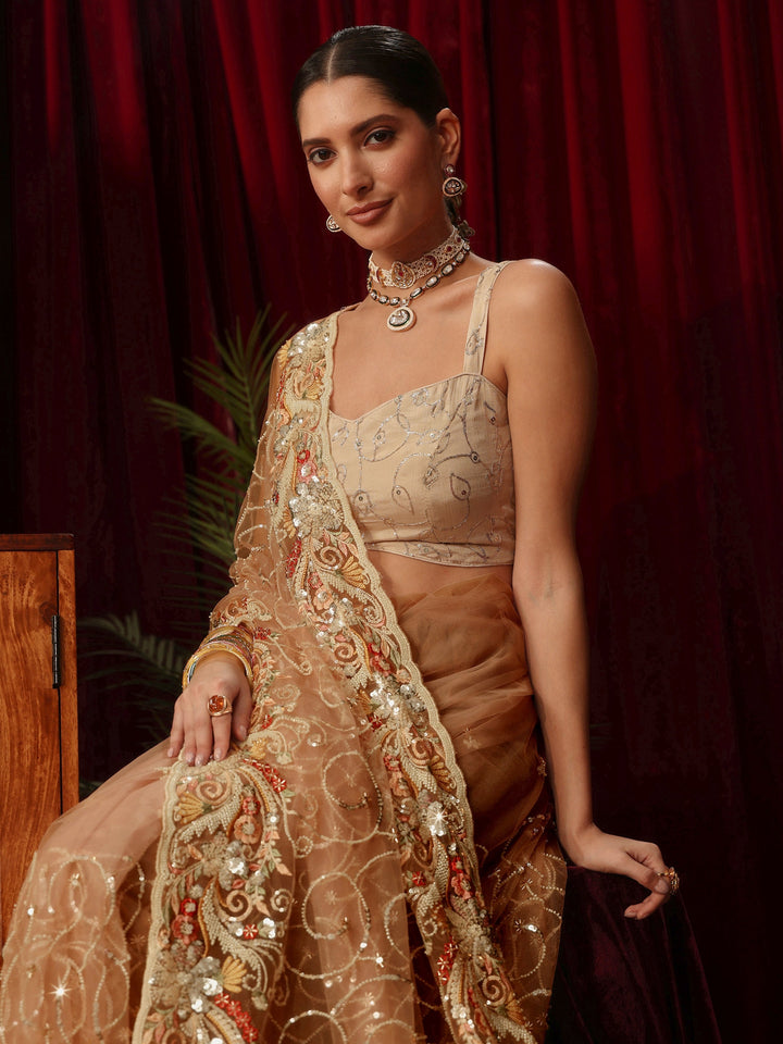 Libas Art Beige Net Saree with Bead and Sequin Embellishment