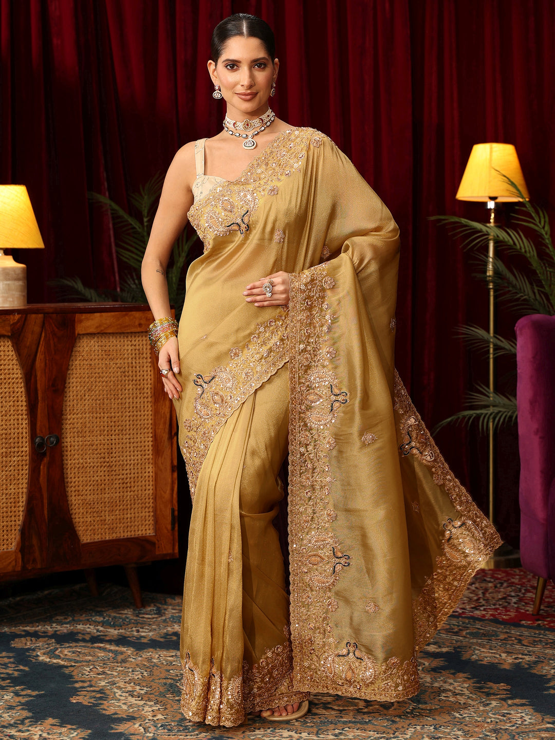Libas Art Mustard Tissue Saree with Sequin and Zari Embellished Border