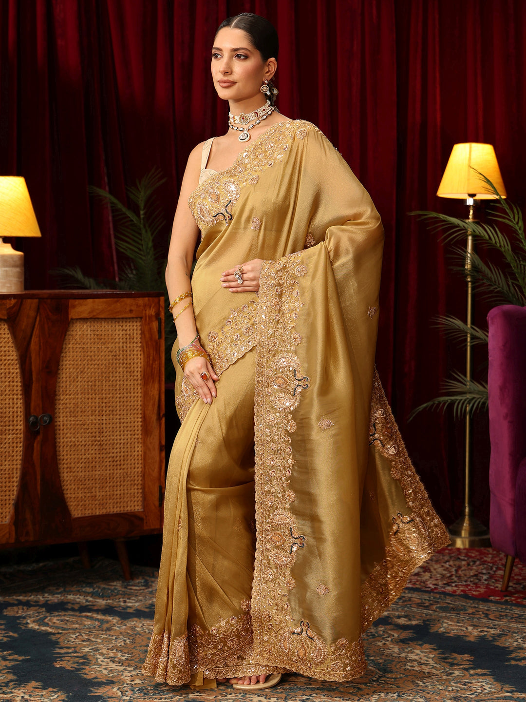 Libas Art Mustard Tissue Saree with Sequin and Zari Embellished Border