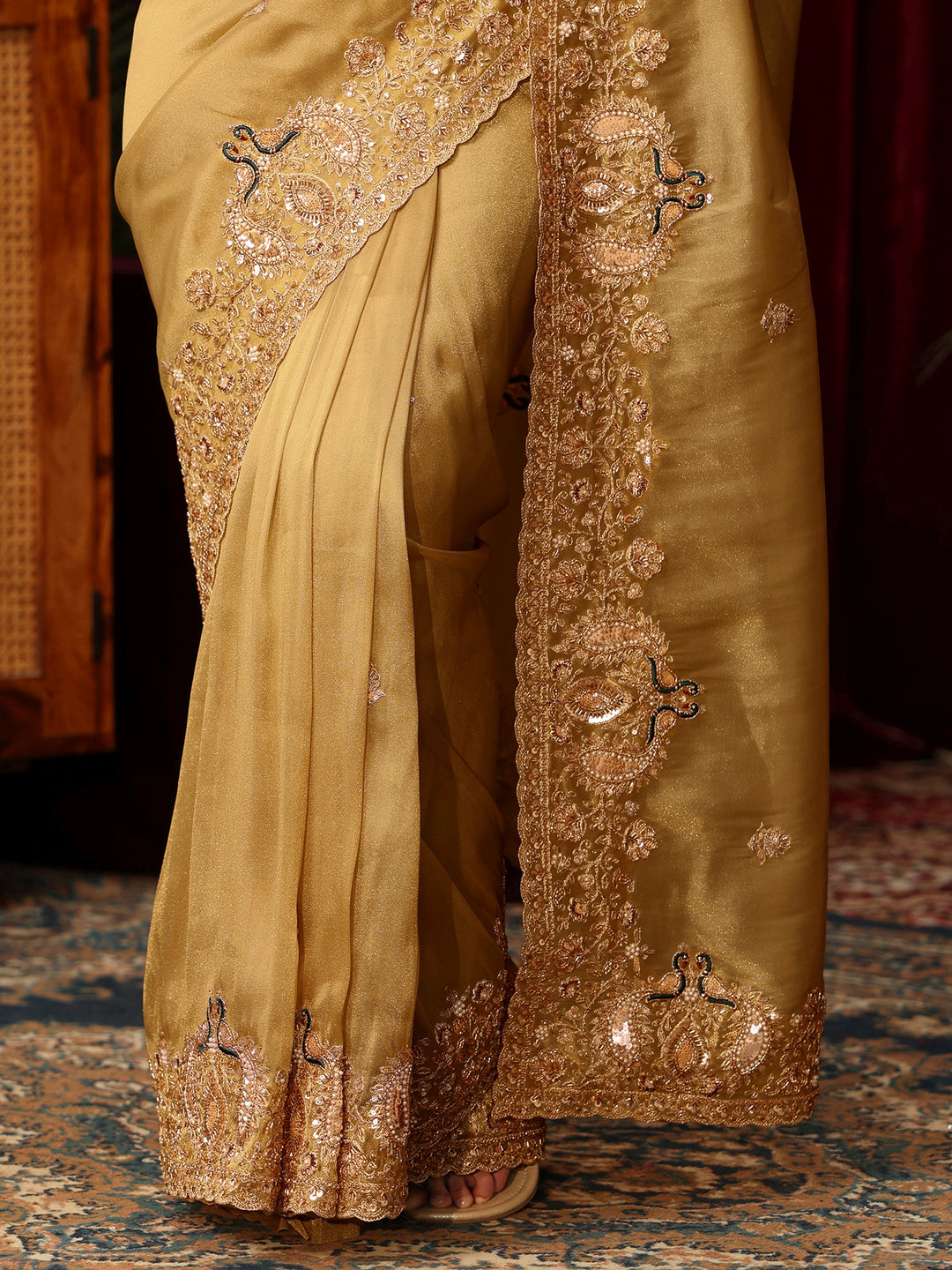 Libas Art Mustard Tissue Saree with Sequin and Zari Embellished Border
