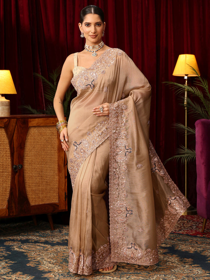 Libas Art Golden Tissue Saree with Sequin and Zari Embellished Border