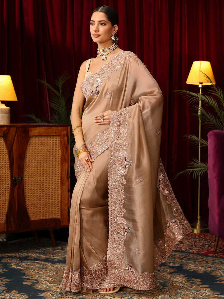 Libas Art Golden Tissue Saree with Sequin and Zari Embellished Border