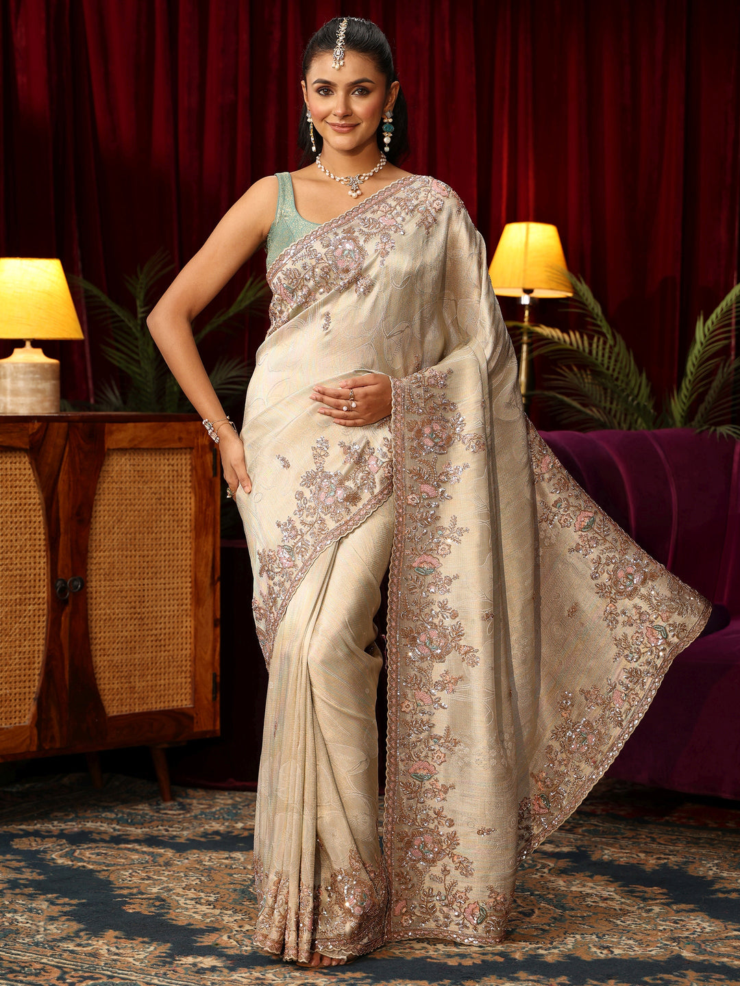 Libas Art Ivory Silk Blend Saree with Embellished Border