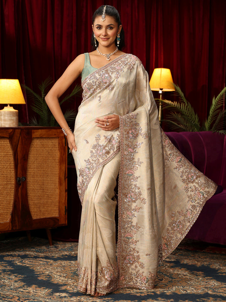 Libas Art Ivory Silk Blend Saree with Embellished Border