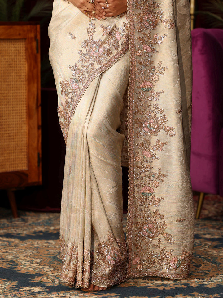 Libas Art Ivory Silk Blend Saree with Embellished Border