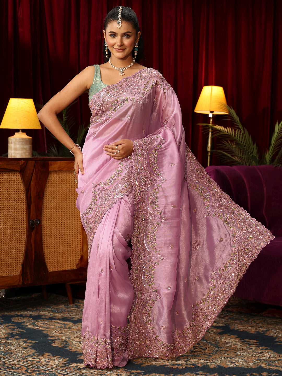 Libas Art Lilac Tissue Saree with Embellished Scalloped Border