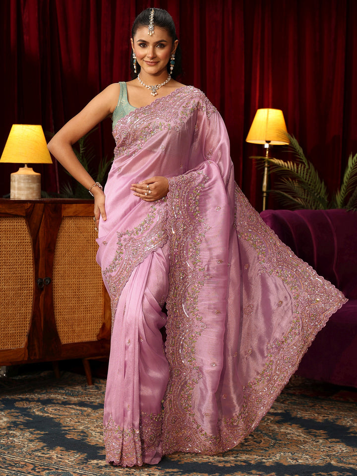 Libas Art Lilac Tissue Saree with Embellished Scalloped Border