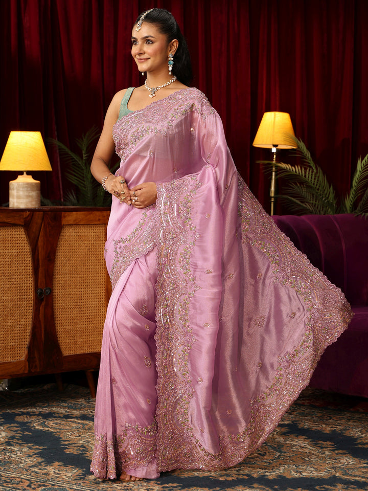 Libas Art Lilac Tissue Saree with Embellished Scalloped Border