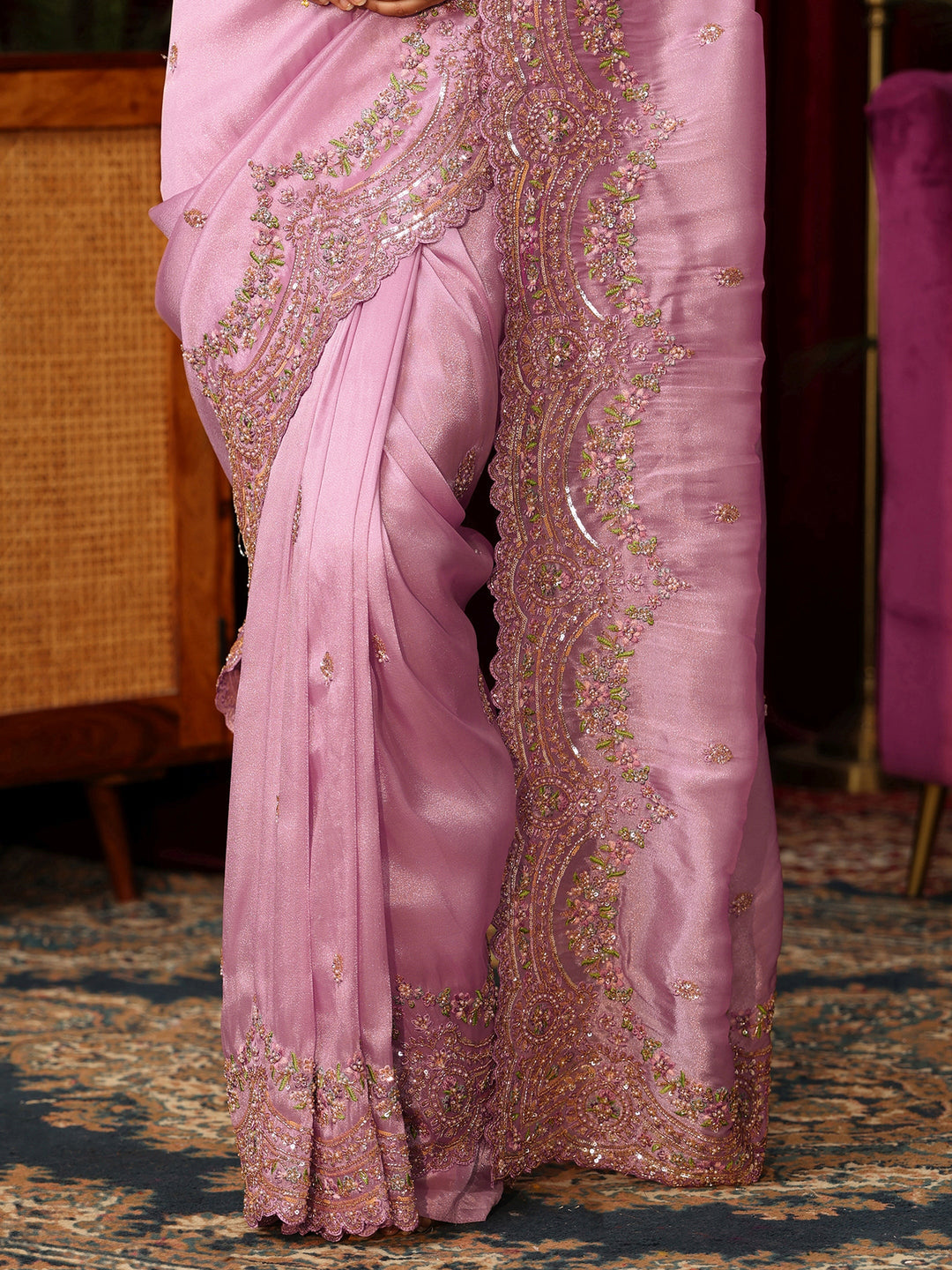 Libas Art Lilac Tissue Saree with Embellished Scalloped Border
