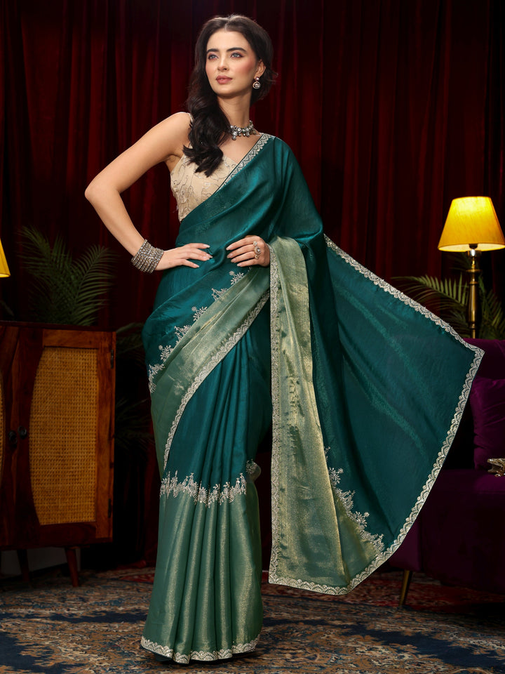 Libas Dark Green Floral Embellished Tissue Saree