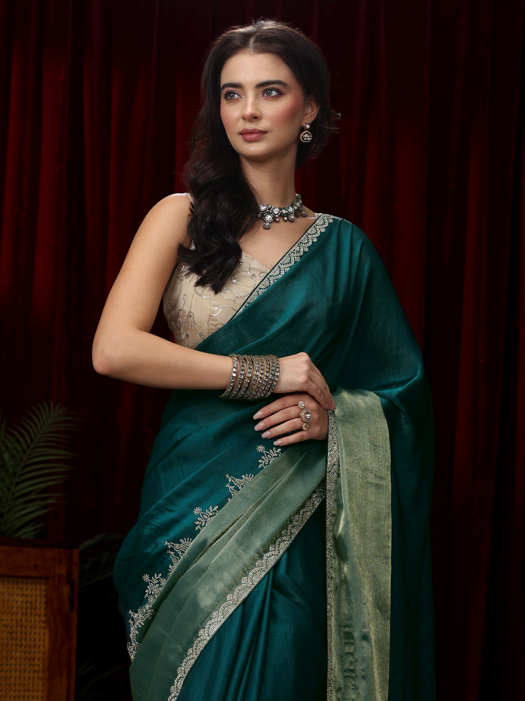 Libas Dark Green Floral Embellished Tissue Saree