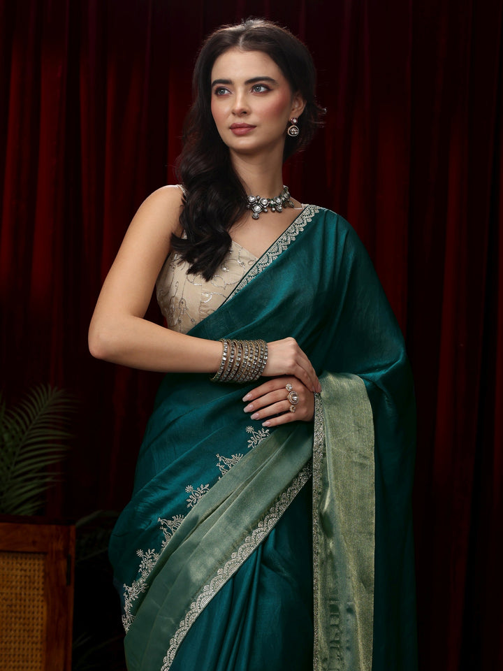 Libas Dark Green Floral Embellished Tissue Saree