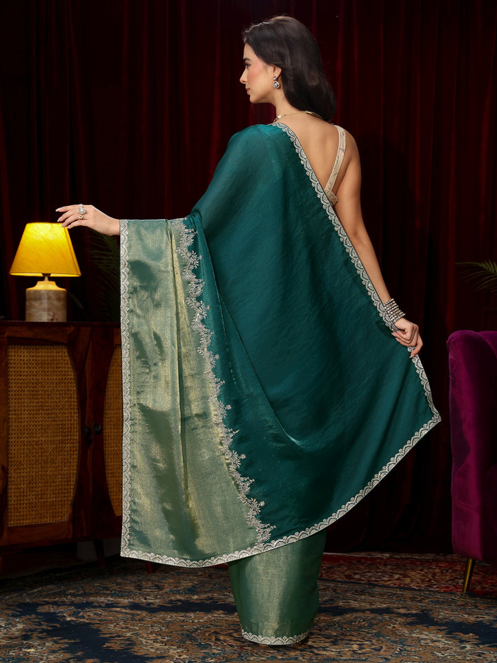 Libas Dark Green Floral Embellished Tissue Saree