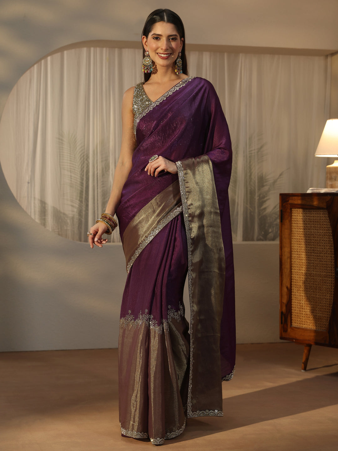 Libas Purple Tissue Saree with Embellished Border