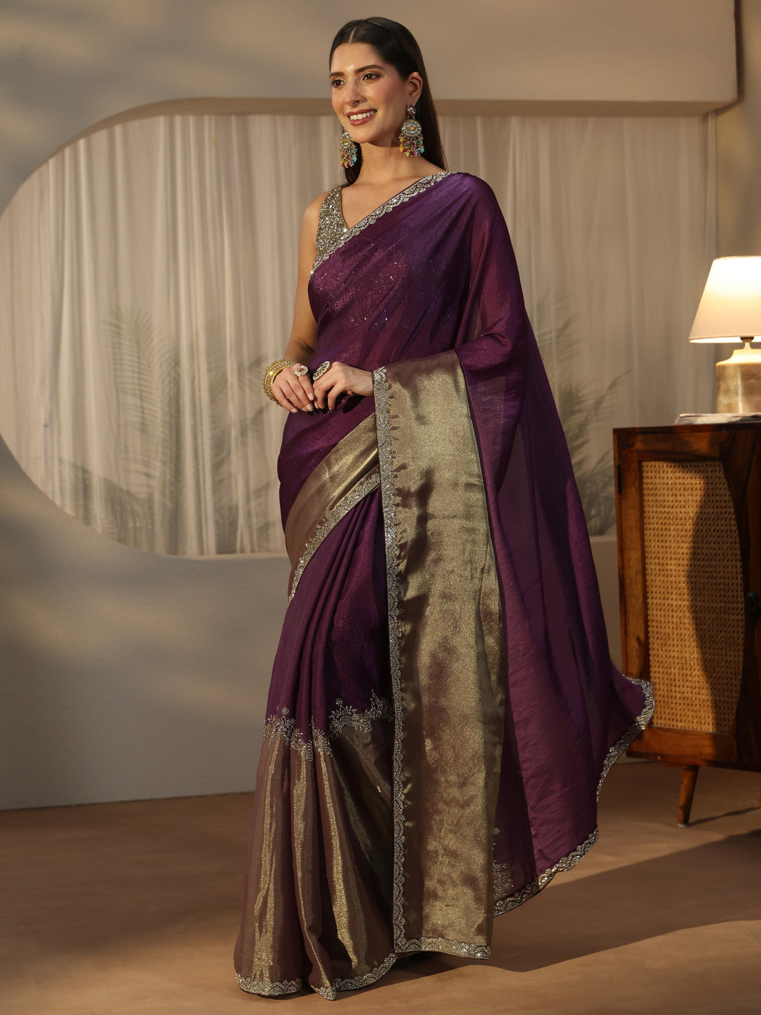Libas Purple Tissue Saree with Embellished Border