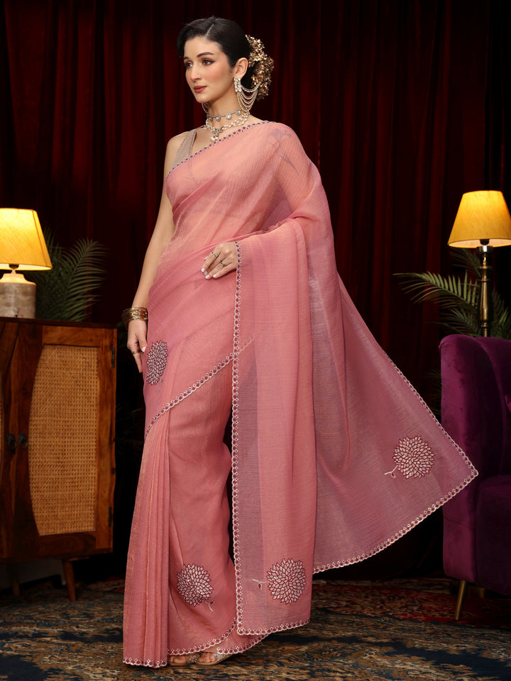 Libas Pink Stone Work Embellished Tissue Saree