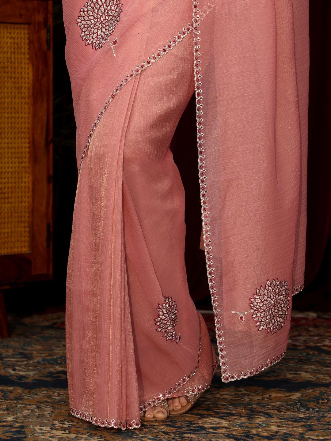 Libas Pink Stone Work Embellished Tissue Saree