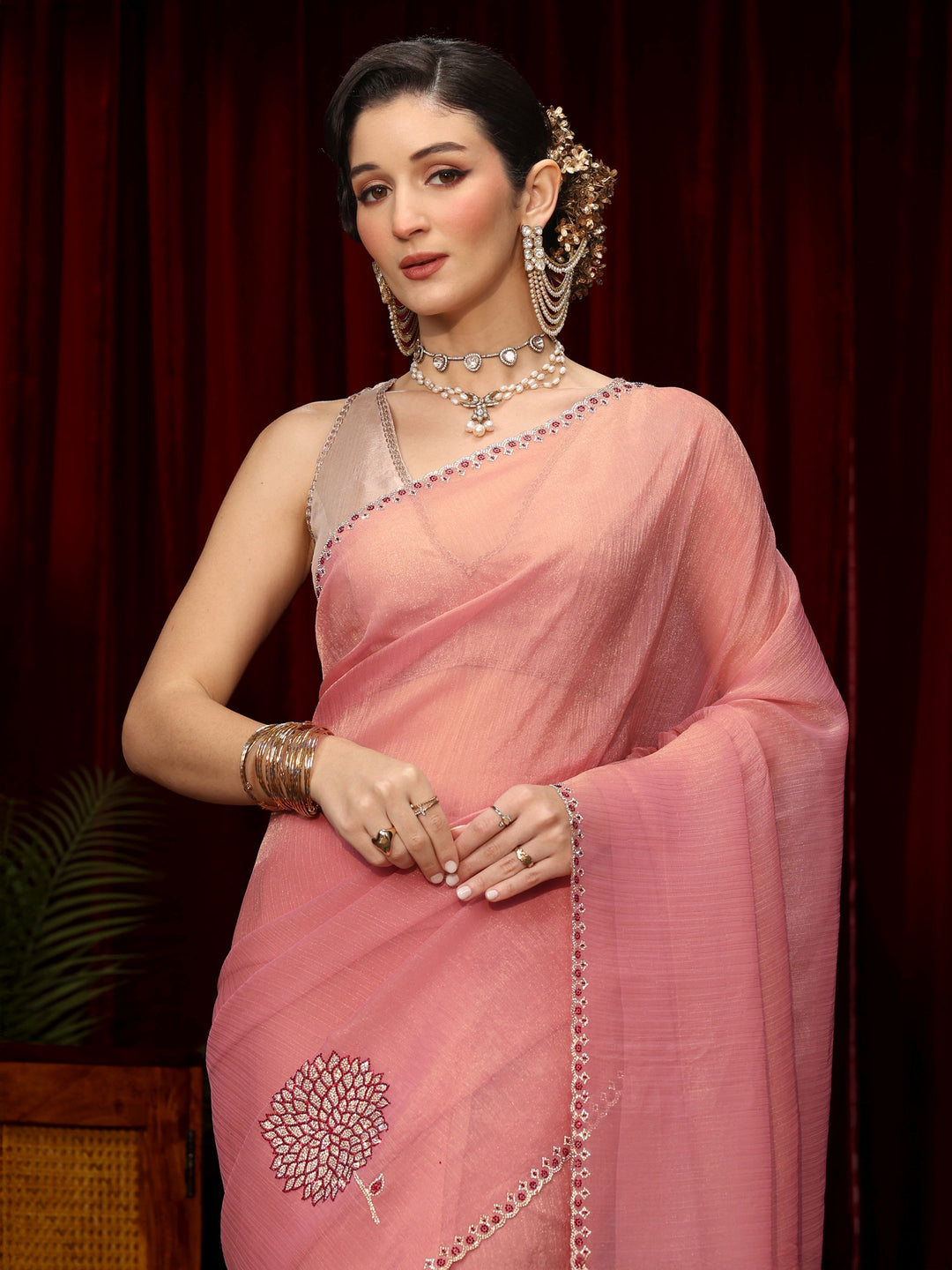 Libas Pink Stone Work Embellished Tissue Saree