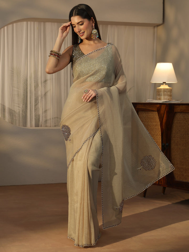 Libas Beige Floral Embellished Tissue Saree