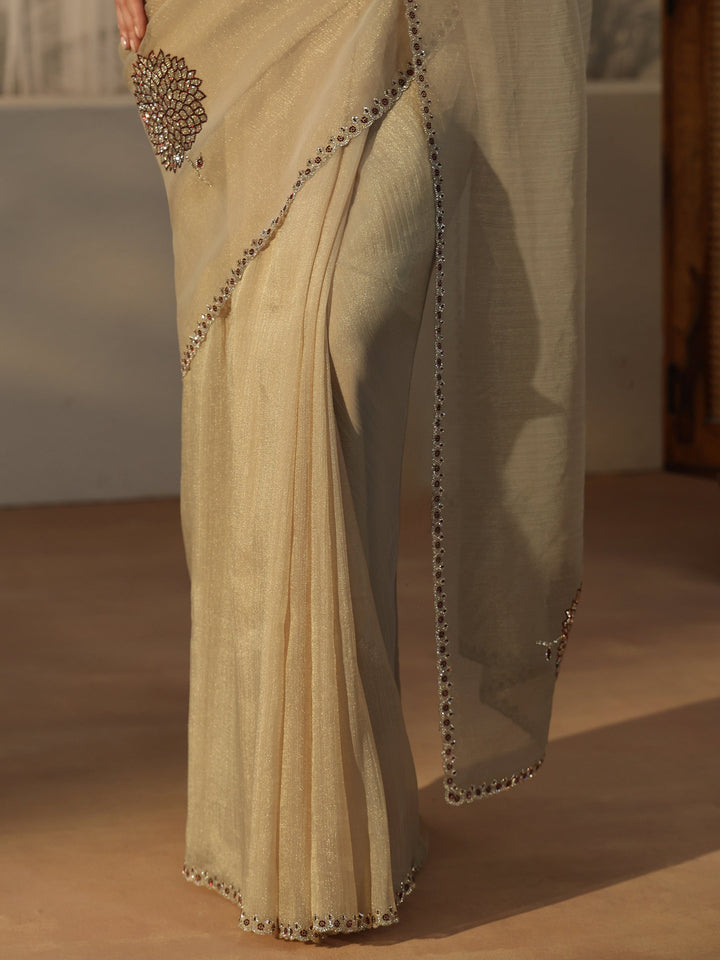 Libas Beige Floral Embellished Tissue Saree