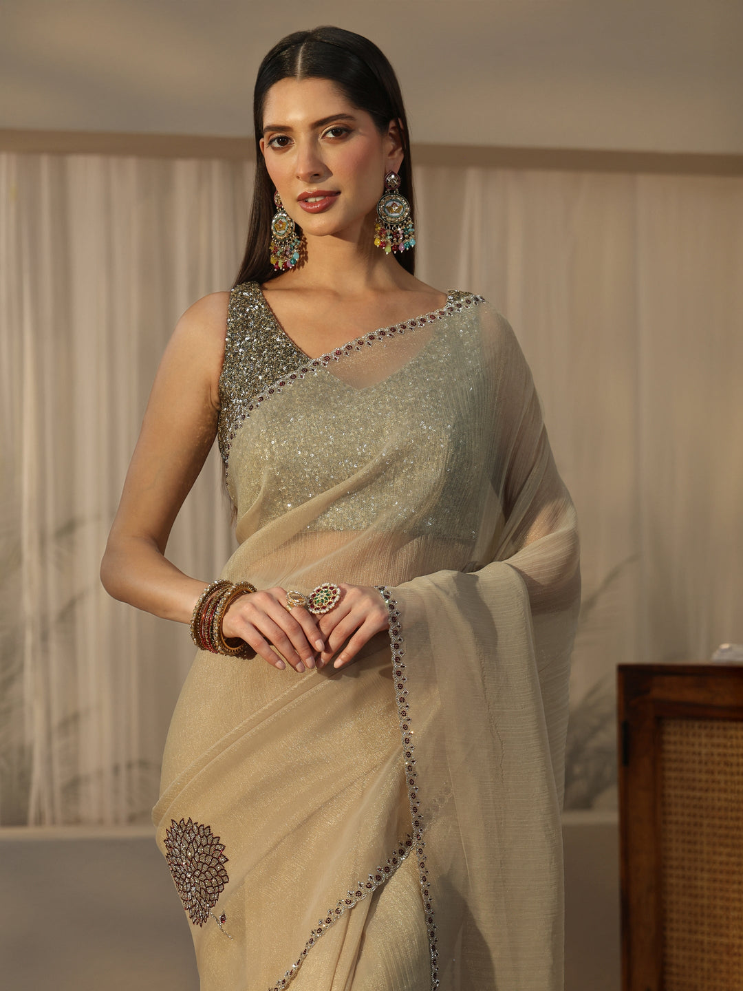 Libas Beige Floral Embellished Tissue Saree