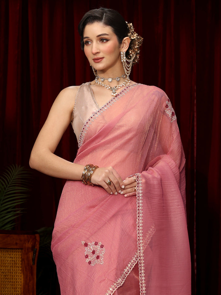 Libas Pink Floral Embroidered Tissue Saree