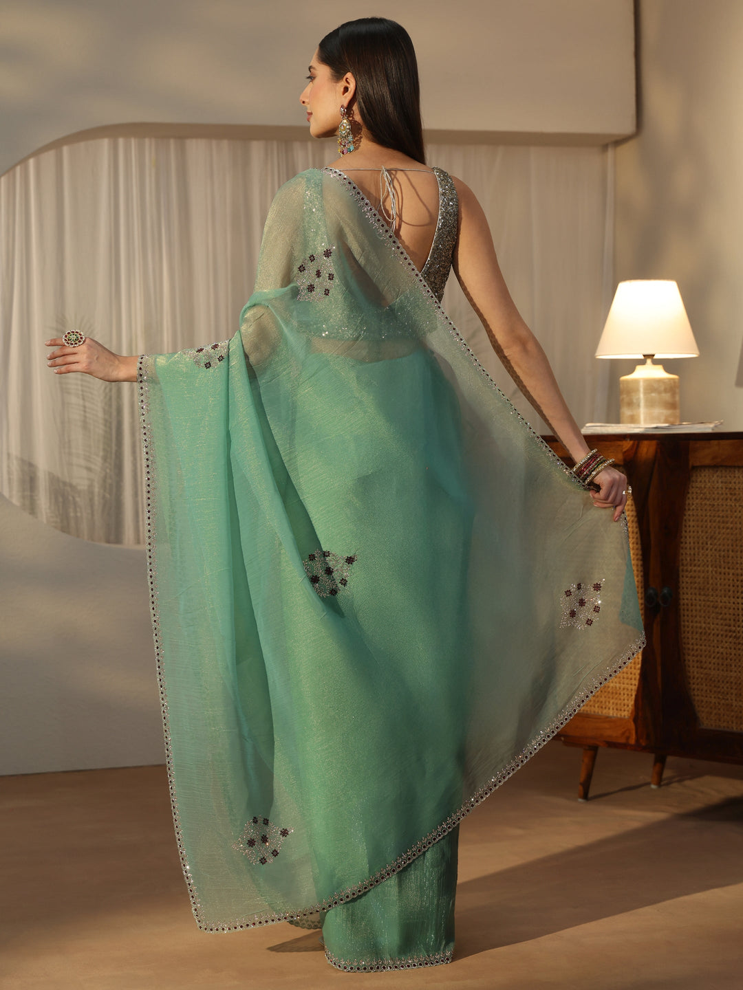 Libas Sea Green Floral Embellished Tissue Saree