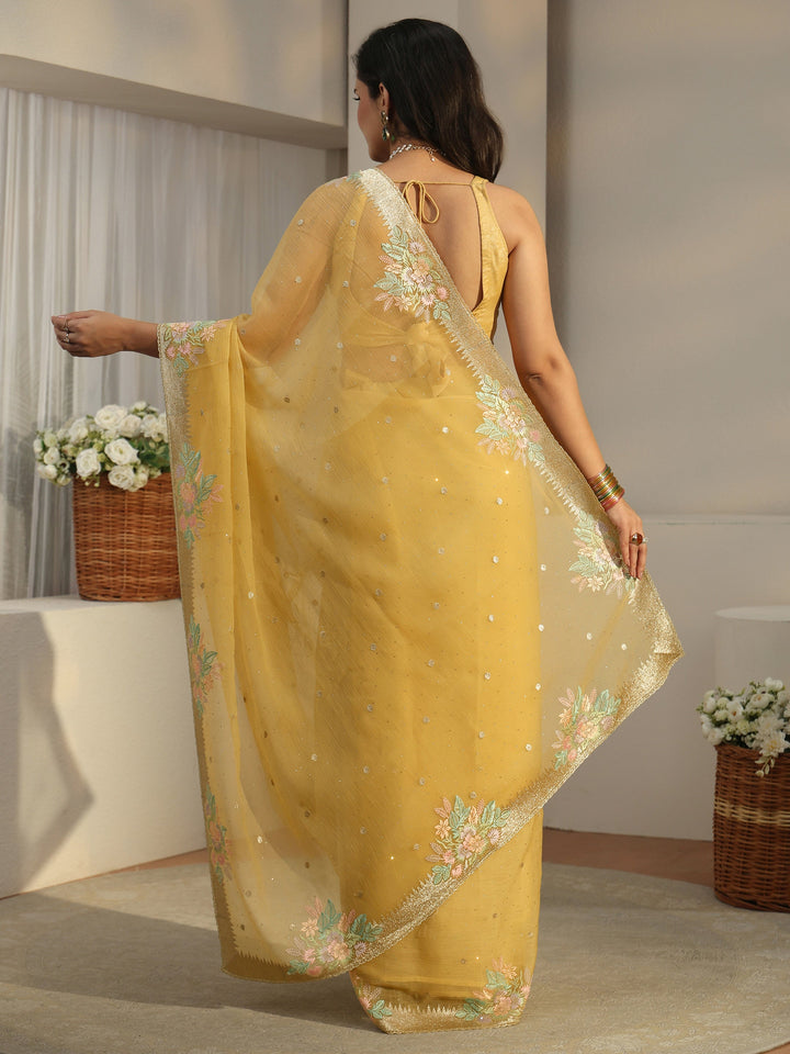 Libas Yellow Floral Embroidered Organza Saree