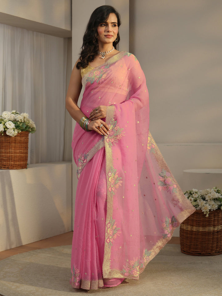 Libas Baby Pink Floral Embroidered Organza Saree
