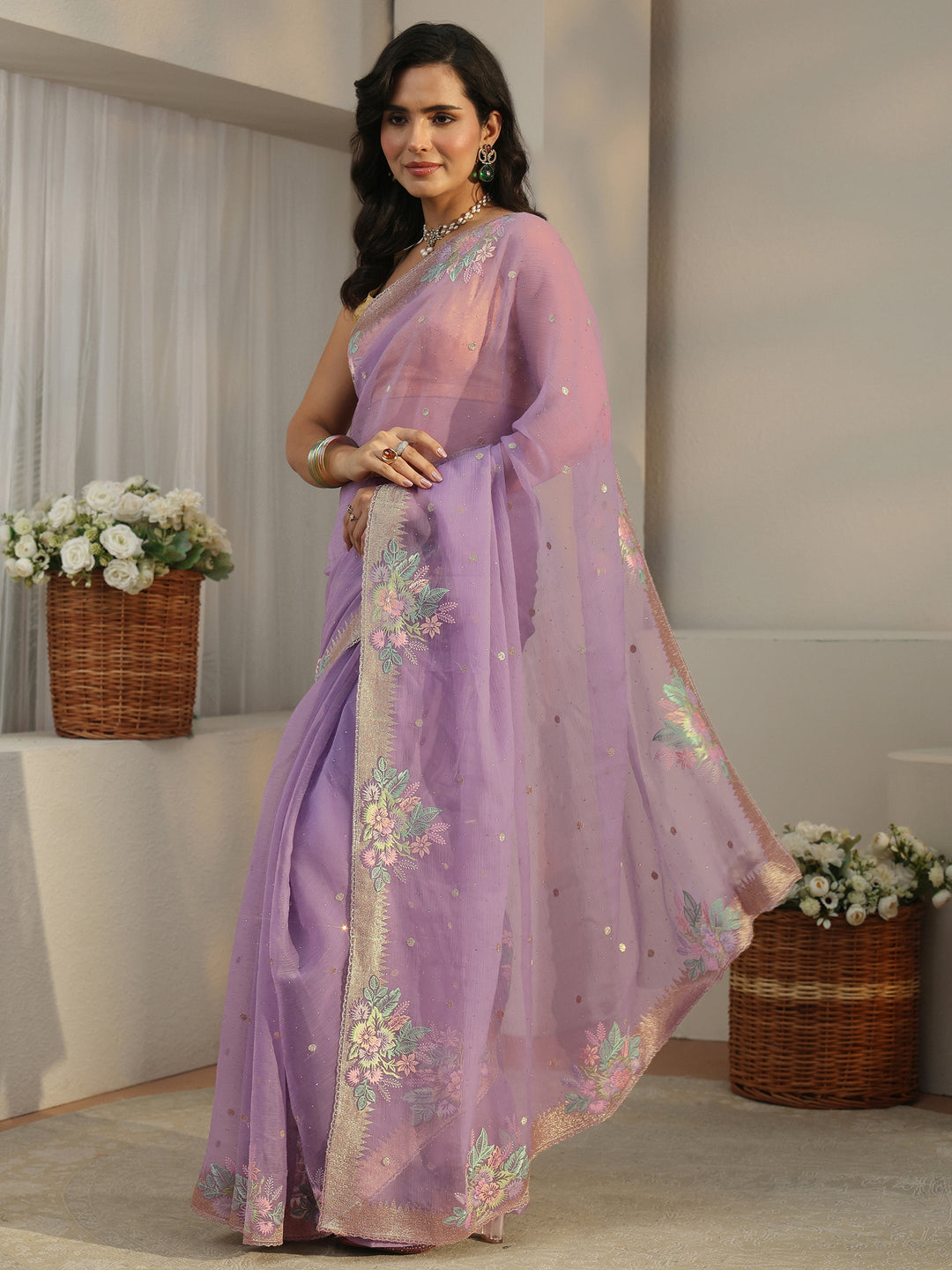 Libas Lavender Floral Embroidered Organza Saree