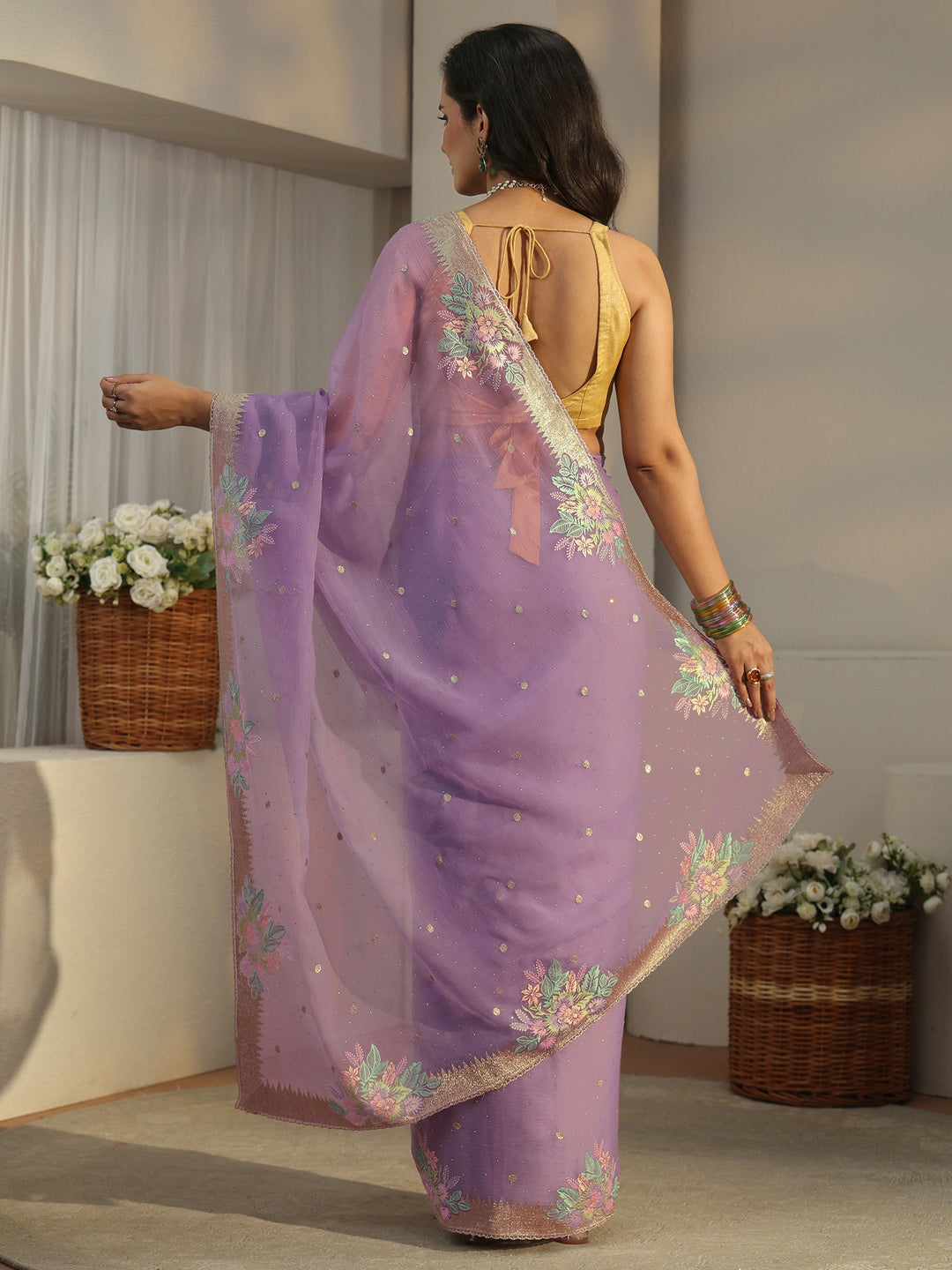 Libas Lavender Floral Embroidered Organza Saree