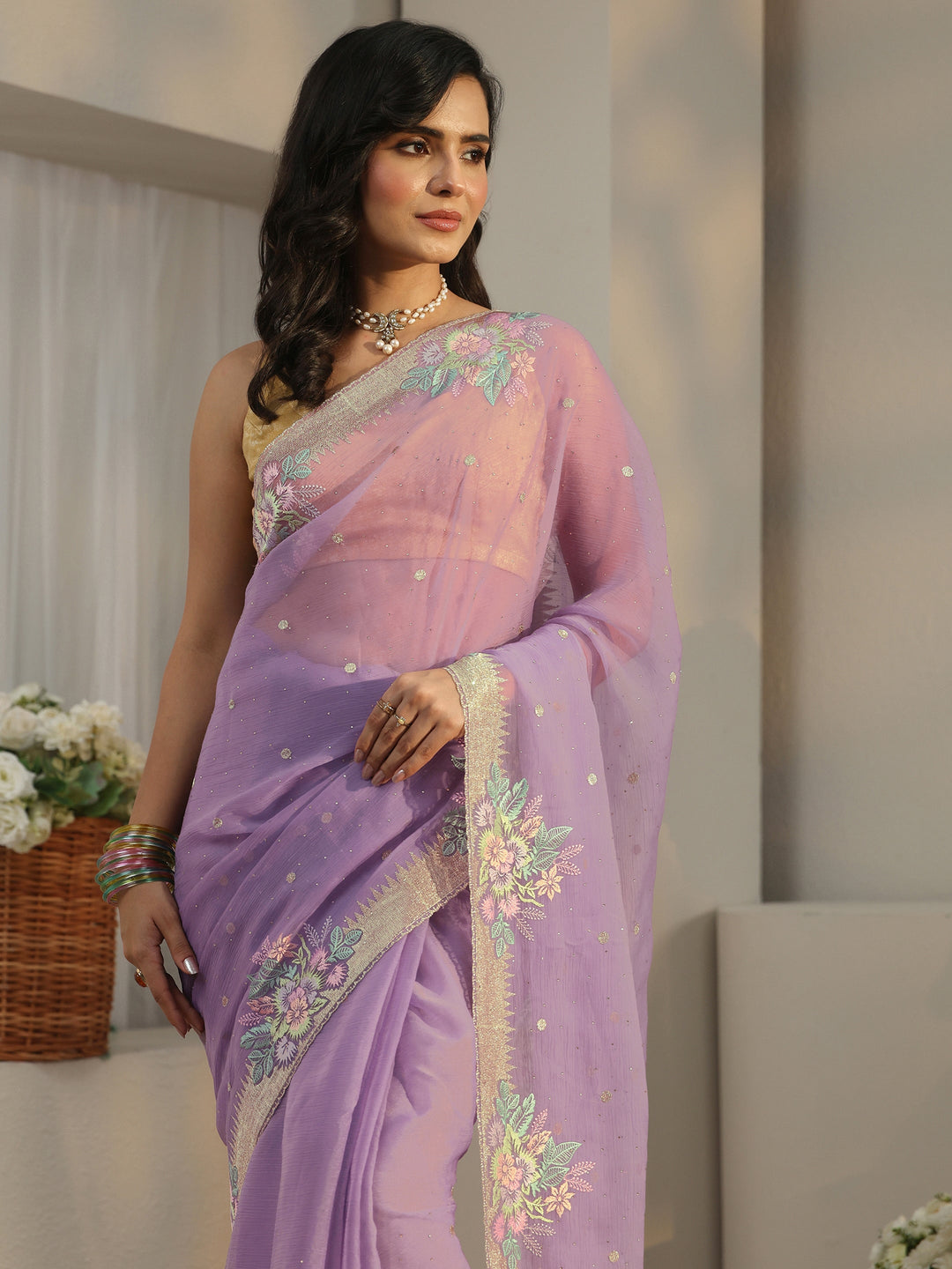 Libas Lavender Floral Embroidered Organza Saree