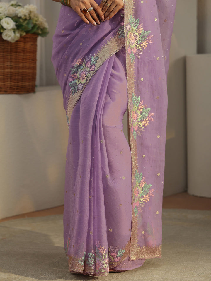 Libas Lavender Floral Embroidered Organza Saree